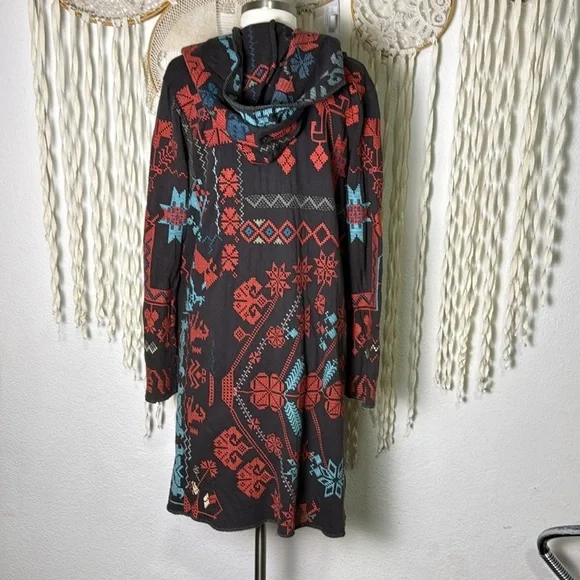 Johnny WasBiya Brown Hood with Aqua and Coral Aztex Embroidery Detail Size S